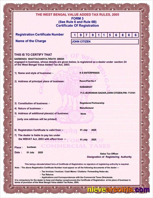 India West Bengal certificate of VAT registration
